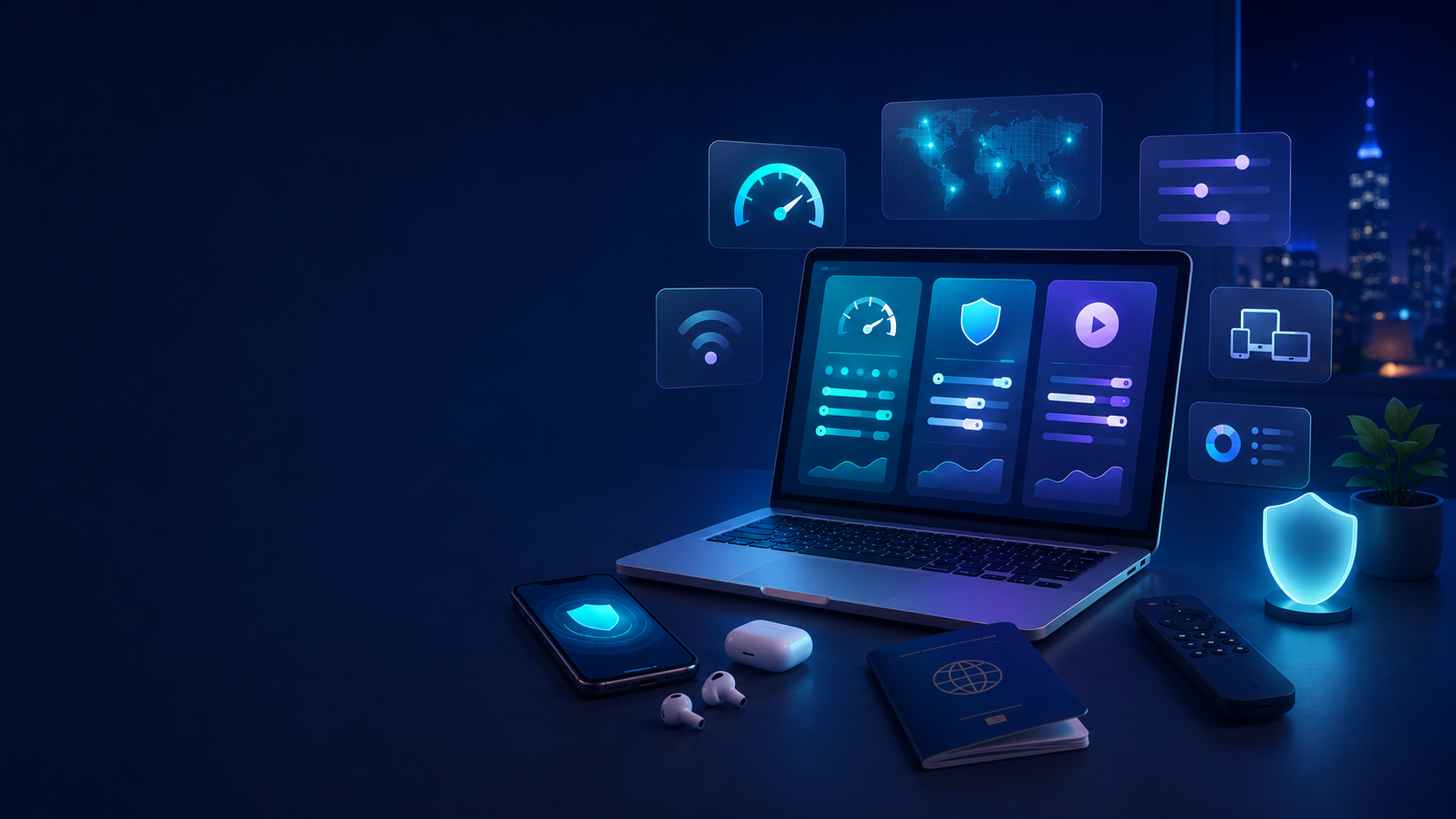 Illustration of VPN comparison cards on a secure digital workspace