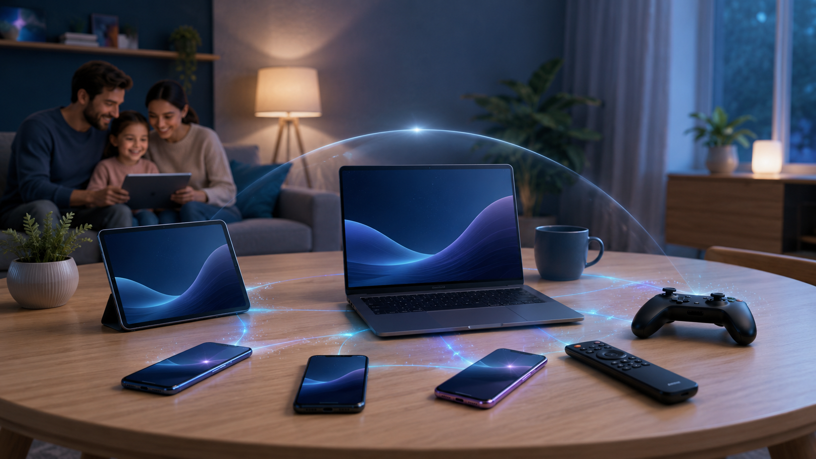 Illustration of multiple household devices protected by one VPN