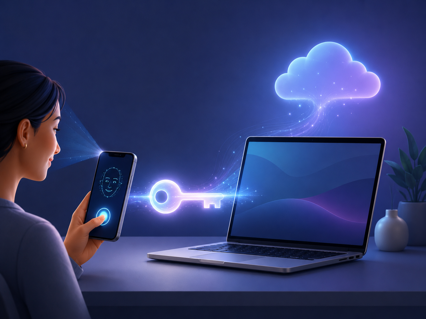 Illustration of passkey login across phone and laptop