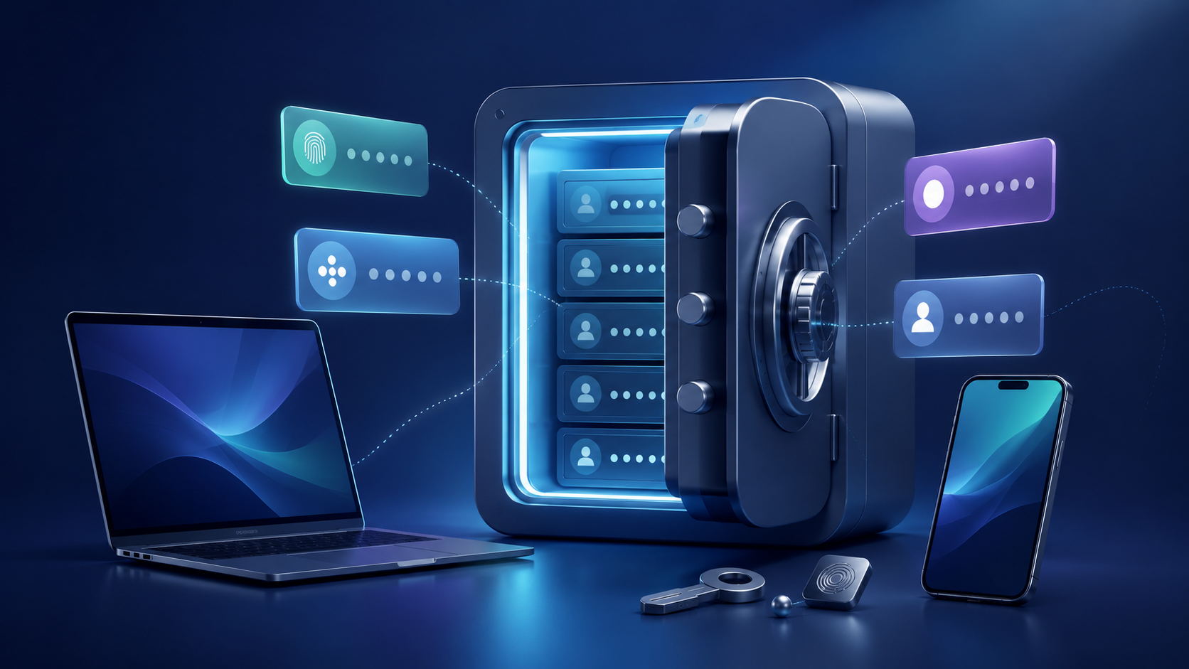 Illustration of a password manager vault and passkey login