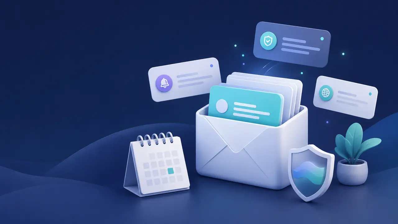 Illustration of privacy update cards and a secure inbox