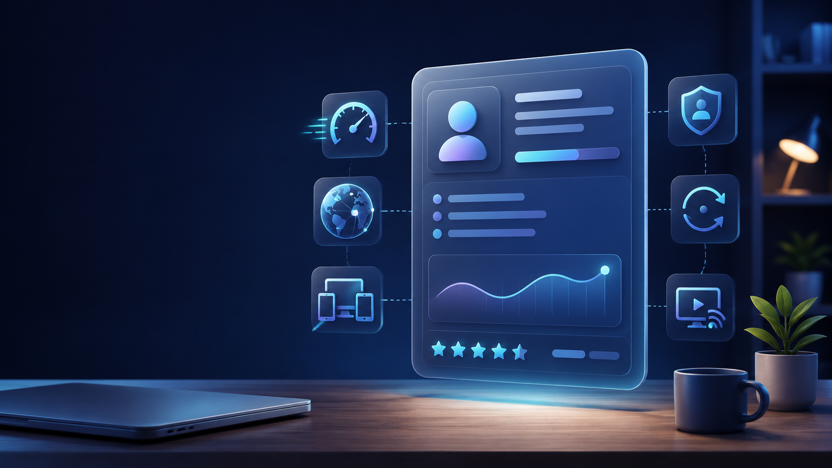 Illustration of a VPN provider review with privacy, speed, and device support signals