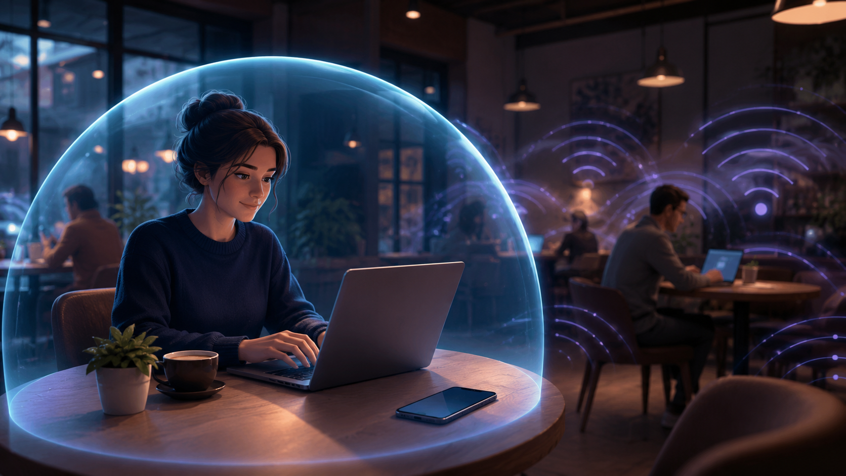 Illustration of public Wi-Fi protection in a café
