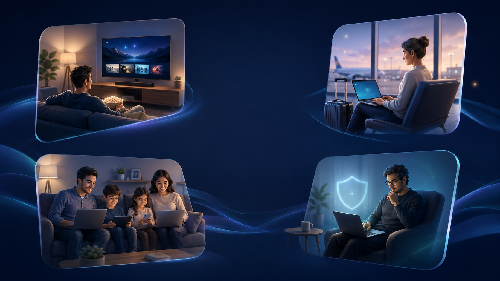 Illustration of common VPN use cases including streaming, travel, privacy, and multiple devices